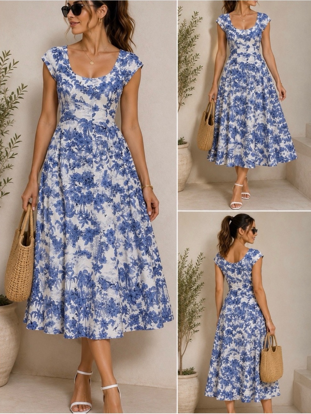 NWOT Joie fit flare midi dress blue toile scoop neck retro size 4